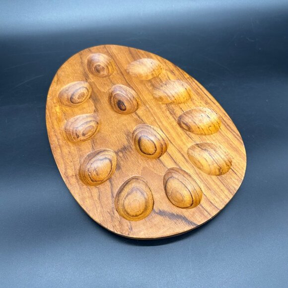 Vintage Deviled Egg Tray Plate Teak Wood Oval 12 Egg Holders Mid Century Kitchen - Picture 1 of 7